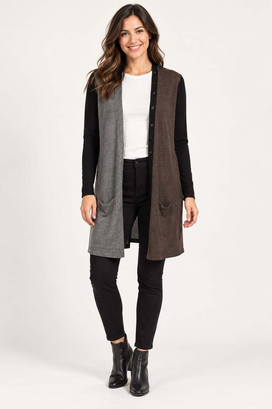 360 Cashmere Cardigan Black Brown Colorblock Button Up Small